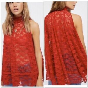 Free People Myrna Lace red semi sheer mock neck swing top